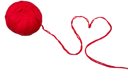 Red yarn ball with extended thread forming a heart shape symbolizing love, creativity, and handmade craft concepts, isolated on transparent background, PNG.