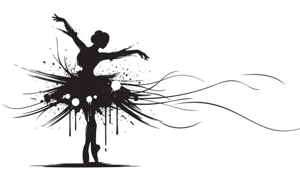 Silhouette of a female ballet dancer striking an elegant pose, with artistic splatters and swirls emanating from her tutu, set against a clean white background.