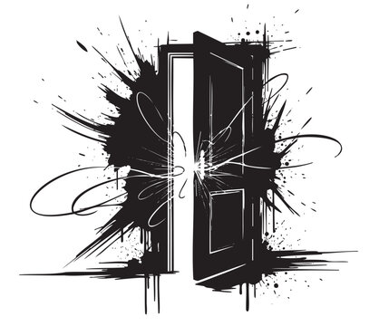 Artistic black and white splatter design of an open door, symbolizing creativity and exploration, with dynamic splash patterns radiating from the doorway.