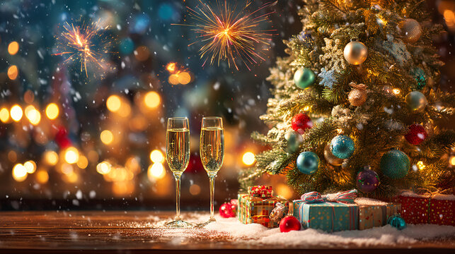 Two champagne glasses, a decorated Christmas tree with ornaments, presents, and fireworks in the background, capturing a festive holiday and New Year celebration - Powered by Adobe