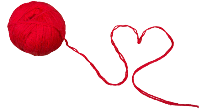 Red yarn ball with extended thread forming a heart shape symbolizing love, creativity, and handmade craft concepts, isolated on transparent background, PNG.