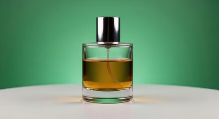 Elegant glass perfume bottle with golden liquid and metallic cap, modern studio lighting