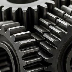 Extreme macro detail of interlocking industrial gearbox cogs and mechanical gears