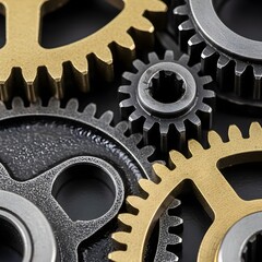 Macro shot of a complex industrial mechanism with interlocking metal and brass gears