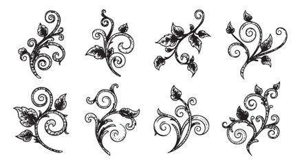 Black and white artistic floral designs featuring intricate swirling patterns and leaves, showcasing diverse ornate botanical elements.