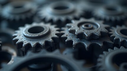 Industrial macro photograph of old, rustic mechanical gears with selective focus