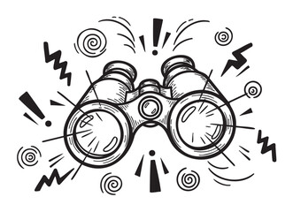 Black and white drawing of binoculars surrounded by whimsical lines and exclamation marks, conveying excitement and attention.