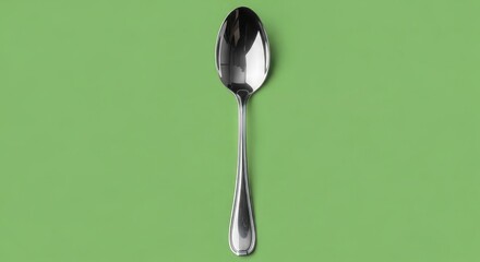 Elegant metallic spoon gleams against a vibrant green background, perfect for culinary concepts.
