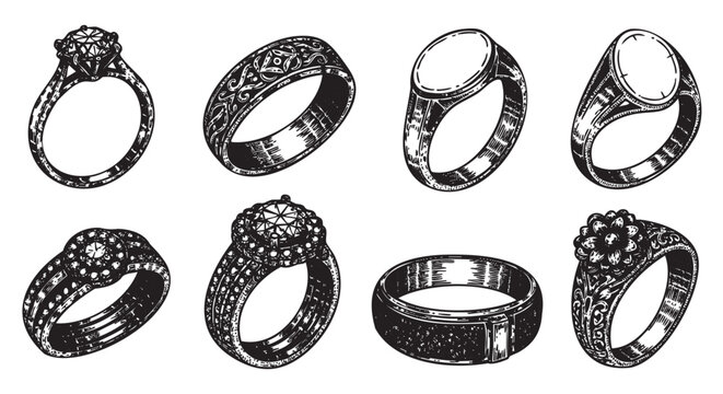 Black and white detailed illustrations of eight different ornate rings, featuring intricate patterns and designs, arranged in two rows.