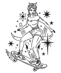 Female skateboarder in retro style outfit rides a skateboard against a backdrop of cosmic elements and stars in a black and white design.