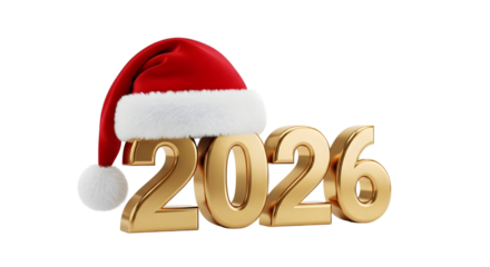 2026 golden numbers with santa hat isolated on transparent background