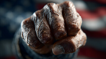 Black history month. African american fist raised over american flag background