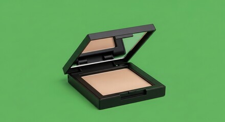 Elegant compact powder with mirror on vibrant green background for beauty advertising