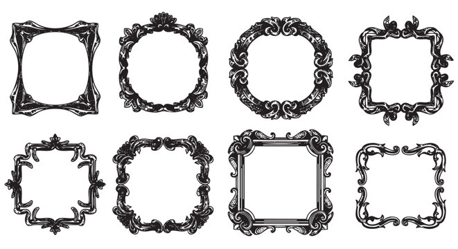Eight ornate black decorative frames in various intricate square designs for artistic and elegant applications.