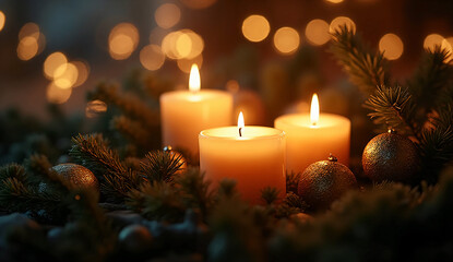Close-Up of Christmas Candles with Pine Leaves and Golden Ornaments — Soft Romantic Winter Lighting