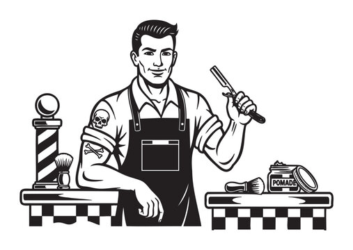 Skilled male barber with a confident expression, holding a straight razor and standing between a barber pole and grooming tools, including pomade and a brush.