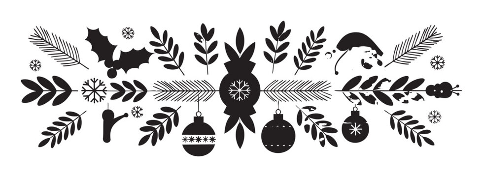Black silhouette of festive christmas elements with holly leaves, ornaments, snowflakes, and santa hat arranged in a decorative pattern.