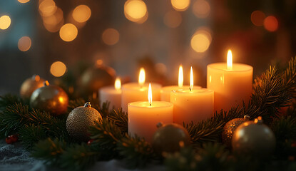 Close-Up of Christmas Candles with Pine Leaves and Golden Ornaments — Soft Romantic Winter Lighting