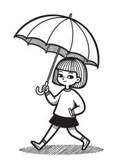 Black and white illustration of a young caucasian girl walking cheerfully with an umbrella, displaying a joyful and carefree demeanor.