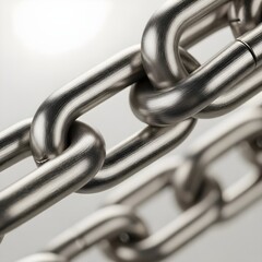 Diagonal macro shot of an industrial brushed steel chain with selective focus