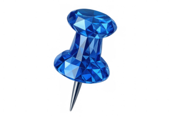 Blue faceted crystal pushpin with a metal point, symbolizing ideas, organization, and important notice, on a transparent background