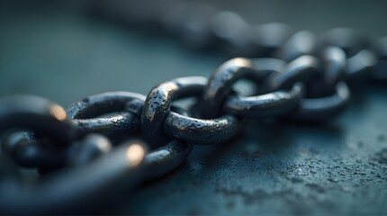 Atmospheric macro of a wet, rustic industrial chain on a dark, textured grunge surface