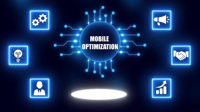 Mobile Optimization Concept with Icons and Glowing Circuit Board on Dark Blue Background technology business