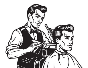 Black and white illustration of a male barber cutting a young caucasian male’s hair with scissors and comb in a vintage style.