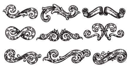 Fototapeta premium Ornate black and white baroque-style decorative scroll and flourish designs with intricate swirling patterns.