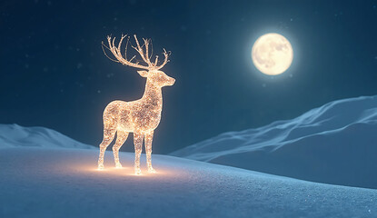 Magical Reindeer Figure on Snowy Hill under Full Moon — Minimal Peaceful Christmas Light Scene
