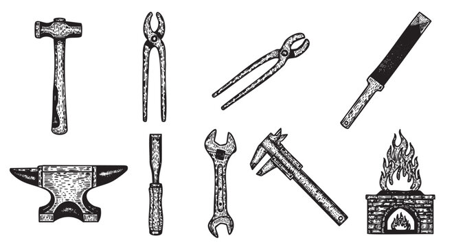 Hand-drawn blacksmith tools and fireplace including hammer, pliers, anvil, wrench, caliper, chisel, and saw.