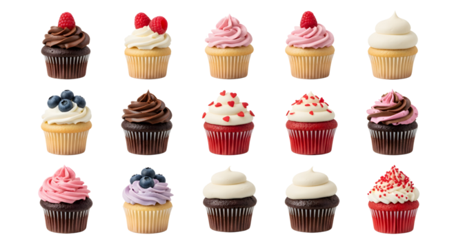 Assorted cupcakes Colorful cupcakes with frosting in various flavors displayed neatly