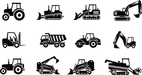 Black Silhouette Vector Icon Set of Heavy Construction, Earth-Moving, and Farm Machinery, Including Tractor, Bulldozer, Excavator, Dump Truck, Forklift, and Harvester for Industrial Design