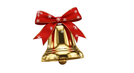 Bell with red bow and snowflakes isolated on transparent background