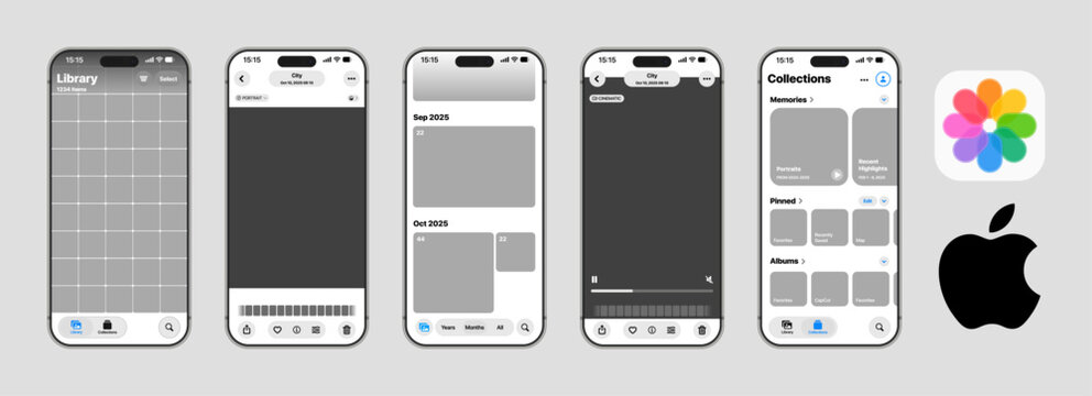 Apple Photos gallery UI mockup on iOS 26 showing library, collections, albums, favorites, search, and modern interactive layout vector illustration