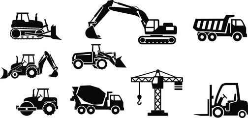 Black Silhouette Vector Icon Set of Heavy Construction and Earth-Moving Machinery, Including Excavator, Dump Truck, Bulldozer, Concrete Mixer, Crane, and Forklift for Industrial Design Projects © Shihab Creative