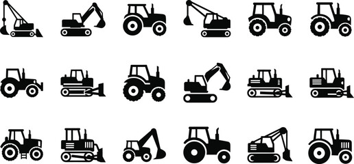 Large Black Silhouette Vector Icon Set of Heavy Construction, Earth-Moving, and Agricultural Farm Machinery, Including Tractors, Excavators, Dozers, and Mobile Cranes for Industrial Design