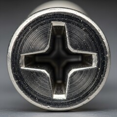 Top-down extreme macro shot of a used metal Phillips screw head on a grey background