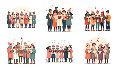Collection of Christmas vector illustration of people singing Christmas carols, full body characters on white background for festive artwork, perfect for Christmas Holidays Banner templates.
