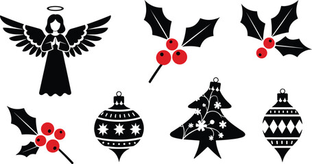Festive Christmas Black Silhouette and Red Berries Vector Icon Set with Praying Angel, Holly Branches, Ornaments, and Fir Tree Symbol for Seasonal Greeting Card and Decoration Design