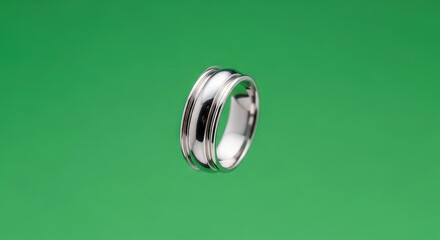 Elegant polished silver wedding band with textured grooves, perfect for proposals.