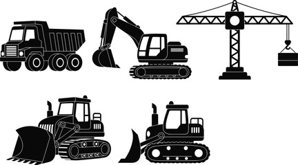 Vector Silhouette Set of Heavy Construction Machinery, Including Dump Truck, Tracked Excavator, Tower Crane, and Bulldozers, Ideal for Engineering, Building, and Industrial Design Projects