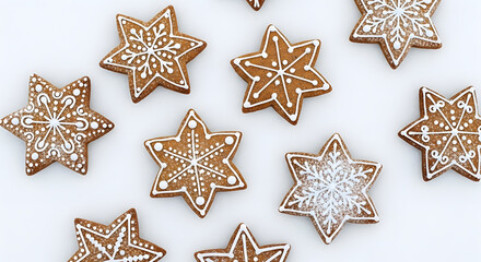 Delicious star-shaped gingerbread cookies adorned with elegant white icing designs for festive holiday treats
