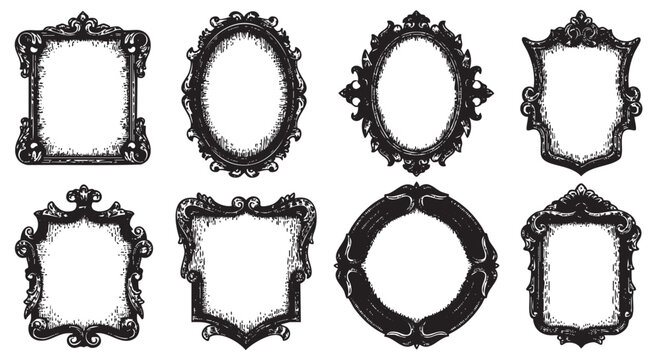 A collection of eight intricately designed vintage frames in various shapes, including oval, circular, and rectangular forms with ornate details.