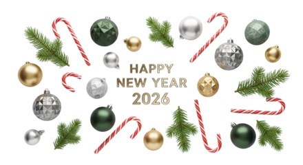 Happy new year 2026 with festive ornaments and candy canes isolated on transparent background