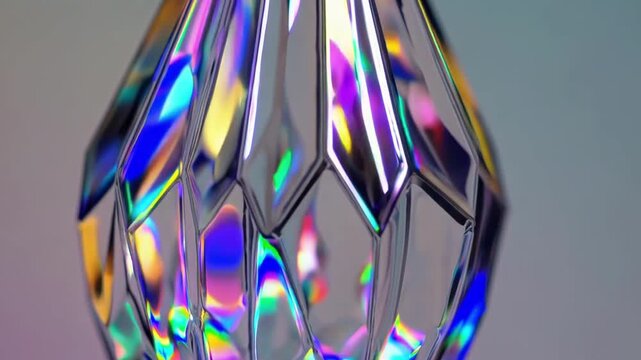 Iridescent crystal reflecting vibrant rainbow light patterns in abstract geometric design. concept of prismatic art, colorful illumination, light refraction.