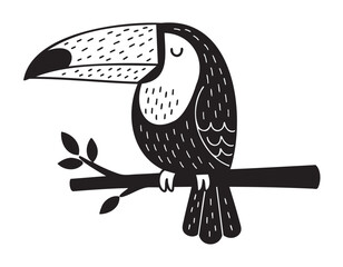 Obraz premium Black and white illustration of a toucan with a large beak, perched on a branch with leaves, depicted in a minimalistic and stylized design.