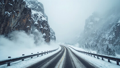 Snowy Mountain Road with Cliffs
