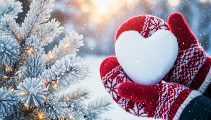 Heart-shaped snowball in red Christmas mittens with festive pattern against snowy fir tree with delicate lights, cozy holiday scene