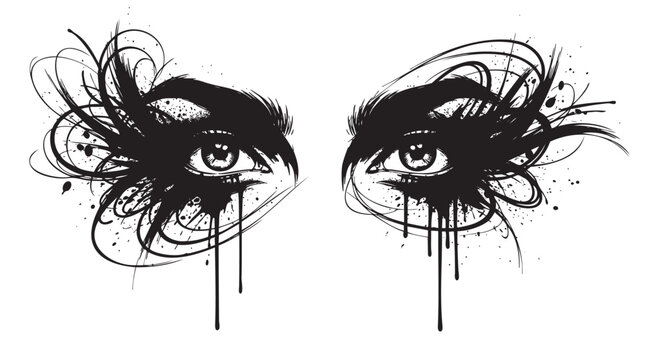 Black ink art illustration of expressive eyes with dramatic, flowing eyelashes and splatter effect, creating a dynamic and bold visual impact.